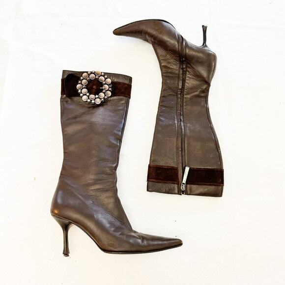 Escada Brown Leather Pointy Toe Embellished Heeled Knee High Boots Size 38 - Picture 2 of 7